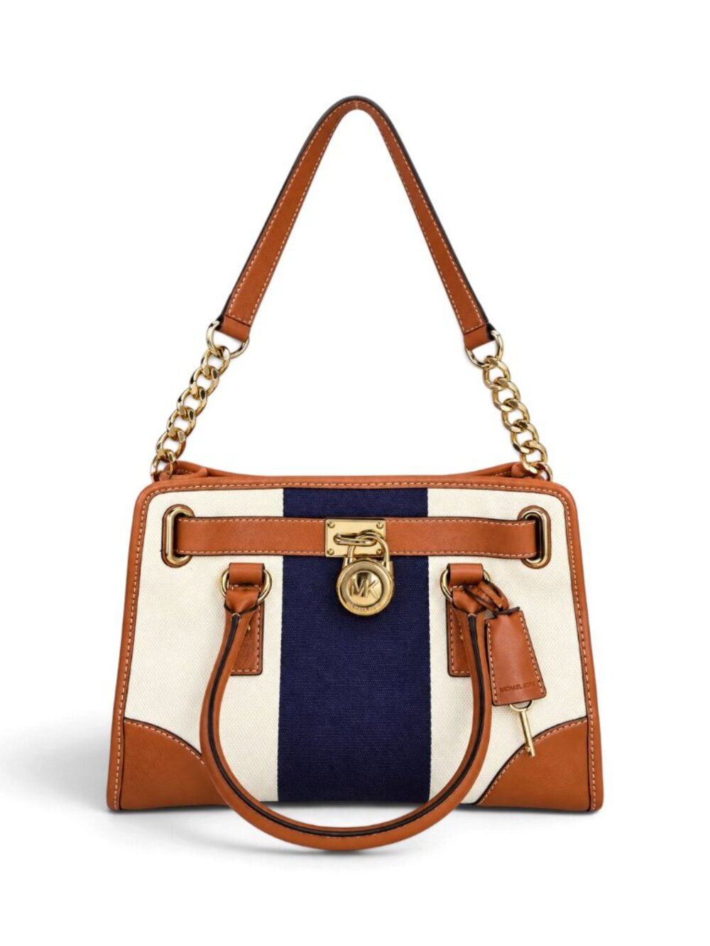 Michael Kors Hamilton East West Satchel Stripe Old Money Cream Navy Cognac - Picture 15 of 17